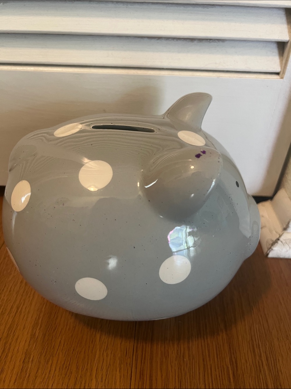 #2919**”7x8”Gray Polka Dot Piggy Bank with Rhinestone Butterfly - Picture 4 of 17